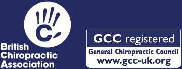 British Chiropractic Associaion logo, white on navy blue background. General Chiropractic Council registered badge.